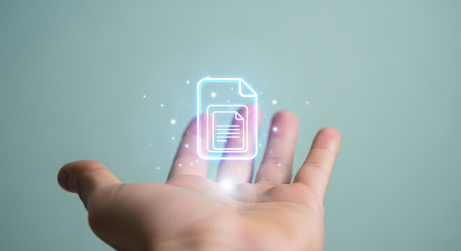 Hand holding a glowing digital document file icon with particles