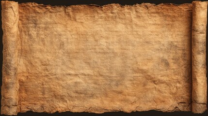 An aged scroll is laid out flat, showcasing its worn parchment texture and rolled edges. The dark background highlights its historical significance and rustic appearance.