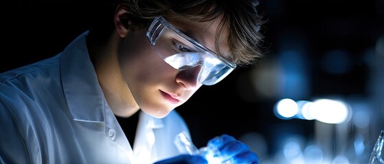A focused scientist examines a vial under bright light, wearing protective glasses and a lab coat, highlighting the intensity of laboratory research.