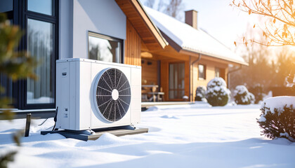 Heat pump with snowy winter home.
