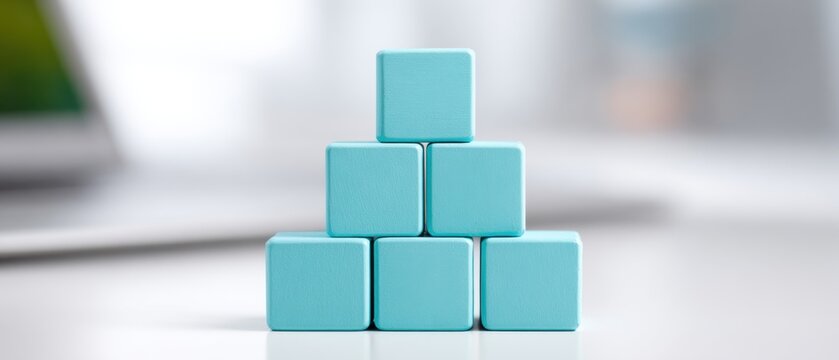 Geometric composition featuring six aqua cubes precisely arranged into a triangular pyramid, symbolizing construction, planning, and structure with precision.
