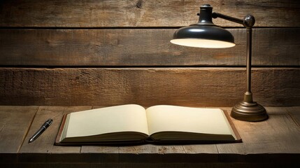 Open Journal under Lamp for writing, taking notes with Pen on Wood background