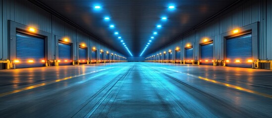 Illuminated loading docks at night.