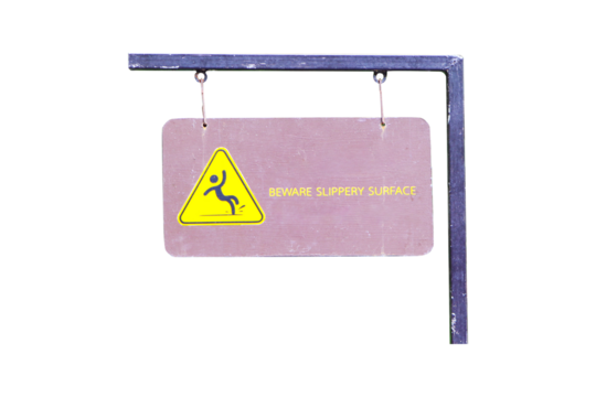 Sign warning BEWARE SLIPPERY SURFACE isolated on cut out PNG or transparent background. Brown wood sign with yellow letters Suspended from small steel beam structure. Safety of life and property. - Powered by Adobe