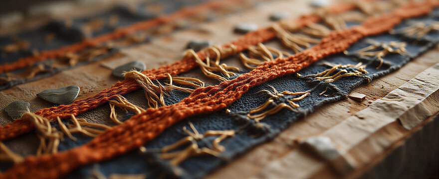 Macro composition focusing on intricate details of a tapestry weave with metallic threads interwoven, layered on reclaimed wood with subtle stone accents and ancient papyrus paper overlay. Dramatic di