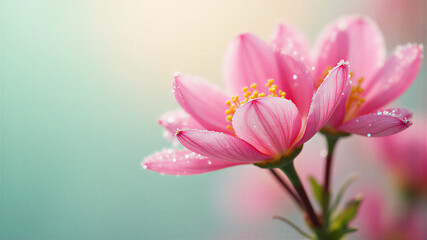 Fototapeta premium Seasonal theme featuring vibrant spring blooms in full bloom against a soft gradient background from pastel pink to mint green. Composition follows the rule of thirds with light morning dew on petals 