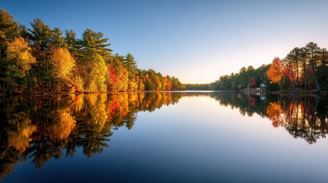 Serene autumn lake with vibrant fall foliage reflecting in the still water under a clear blue sky at sunset.