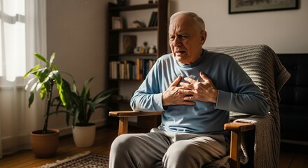 Elderly Man Holding Chest Representing Breathing Difficulty Symptom of Respiratory Illness