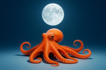 Bright orange octopus under full moon on smooth gradient blue background with surreal lighting in a whimsical abstract composition. Ai generative