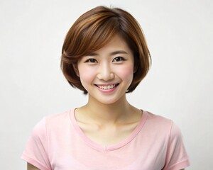 Fototapeta premium Smiling Asian woman with short brown hair wearing a pink shirt Portrait