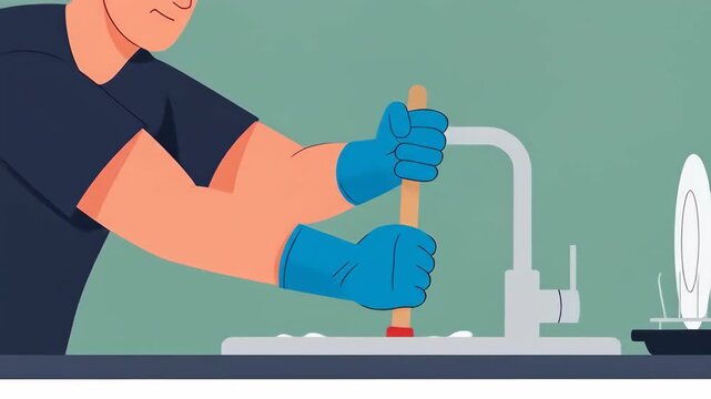 Flat vector a man in blue gloves is using a plunger to unclog a kitchen sink, addressing a plumbing issue with a cartoon style vector illustration for home maintenance