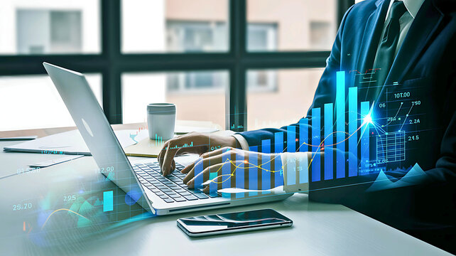 Financial technology concept with a professional analyzing business growth and stock market data on a laptop.