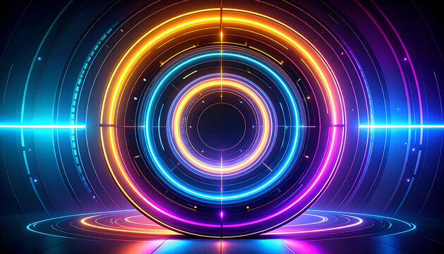 Neon Rings Abstract Background.