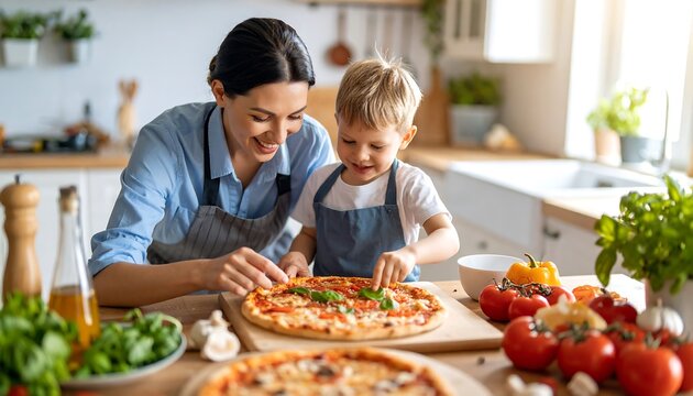 Happy family making pizza together in a kitchen - Powered by Adobe