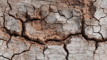 Cracked earth showcases intricate patterns formed by drought in a rural area. The texture highlights the effects of low moisture levels on soil during the dry season.
