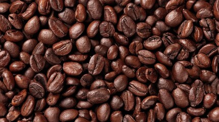 Naklejka premium A detailed close-up captures freshly roasted coffee beans, emphasizing their rich dark hues and varying textures. The light enhances the beans' glossy surfaces, inviting coffee enthusiasts.