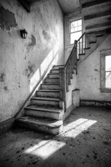 Obraz premium Sunlit staircase in a dilapidated building