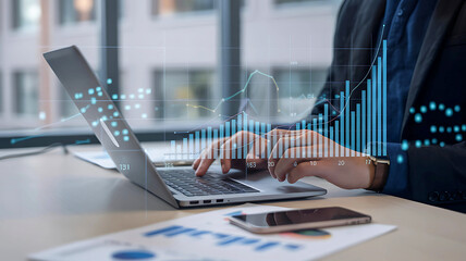 Financial analyst working on a laptop with a digital stock market chart hologram showing business growth and investment statistics.