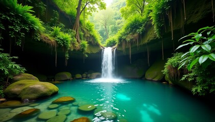 Fototapeta premium Hidden Jungle Waterfall Cascading into Crystal Clear Turquoise Pool Lush Greenery and Moss Covered Rocks