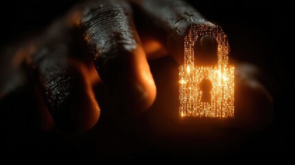 Dark hand holds glowing digital lock