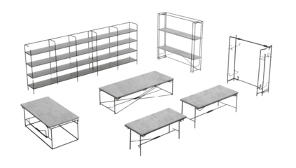 Isometric view of metal frame retail store fixtures, shelves, and tables, isolated on a
