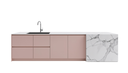 Modern kitchen island showcasing minimalist design with pink cabinetry and marble accents