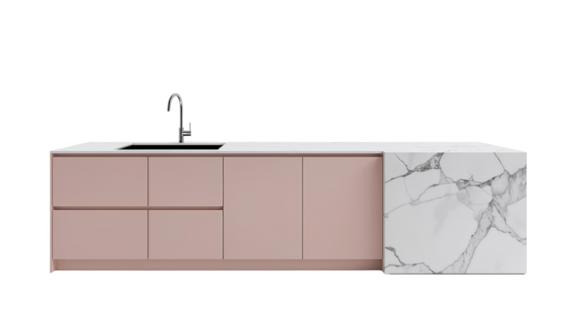 Modern kitchen island showcasing minimalist design with pink cabinetry and marble accents