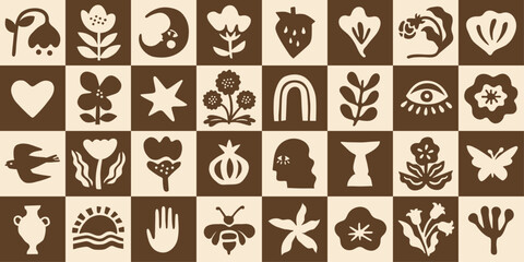 Minimalist Hand Drawn Abstract Shapes in Vintage Flat Style – Boho Decorative Elements Collection with Botanical, Celestial, and Nature Cut-Out Shapes