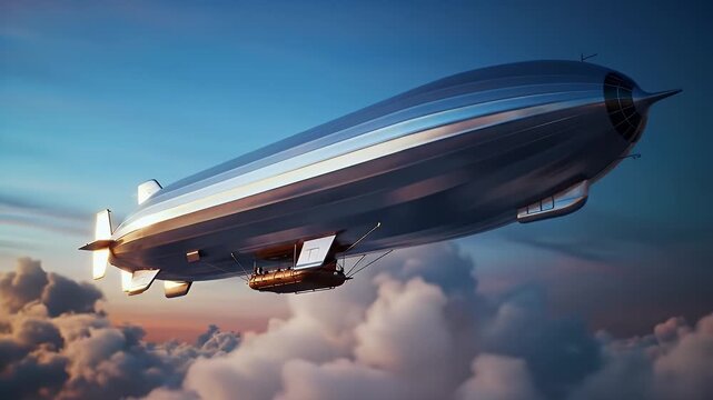 Silver Airship Flying Among Clouds at Sunset with Orange and Blue Sky Awaits Adventure
