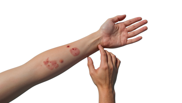 Skin reaction on a male arm with spots and rash isolated on a transparent layer ready for graphic