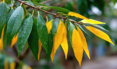 Branch with green and yellow leaves