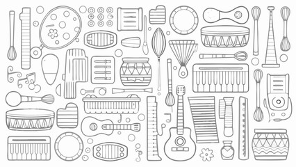 Illustration featuring various musical instruments including guitars drums and keyboard in a line drawing style silhouette