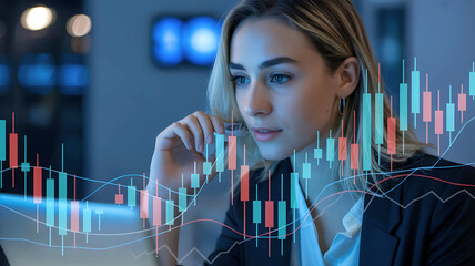 Focused businesswoman examining a glowing candlestick chart for financial analysis and trading strategy.