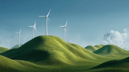 Wind turbines spinning on green hills, generating electricity under a wide clear sky, symbol of sustainable future