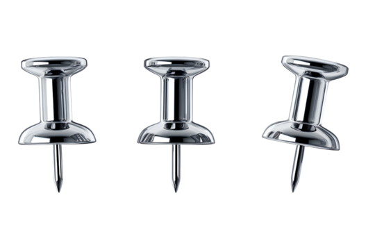 Push Pins Viewed from Top, Side, and Oblique Angles in Organized Row, Transparent Background