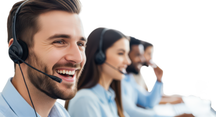 Smiling male customer service representative with headset isolated on transparent background