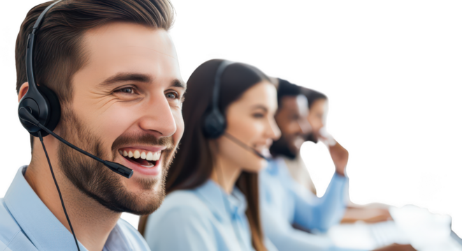 Smiling male customer service representative with headset isolated on transparent background