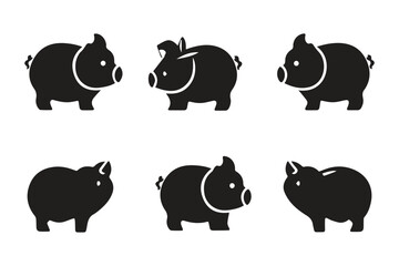Fototapeta premium Six orange piggy bank icons of different styles on a white background