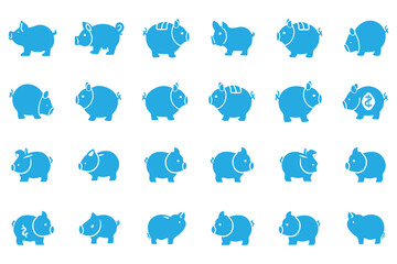 Fototapeta premium Piggy bank collection set of twenty simple icons of cute pigs on white background