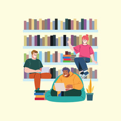 Reading and Studying in Library Illustration