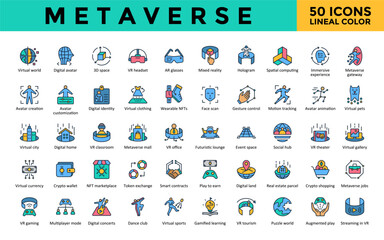 Metaverse icons set with virtual world, digital avatar, 3d space, vr headset, ar glasses, mixed reality, hologram, spatial computing, immersive experience icon. Simple flat outline vector 
