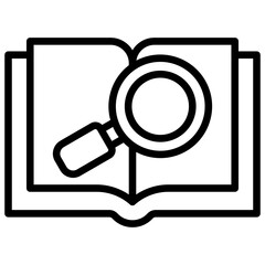 Research Book Outline Icon Design Vector - Open book with magnifying glass, symbolizing research, analysis, or deep study