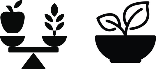 Vector cartoon illustration of flower pots with a black and white coffee cup icon