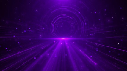 Futuristic tunnel purple digital streaming particles, radial HUD elements matrix. for sci-fi intros, tech presentations, virtual innovation Hi-tech sci-fi tunnel. Trendy lines technology cyberspace - Powered by Adobe