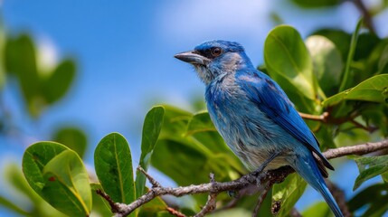 Bird perched on a leafy branch, blue sky in background, surrounded by pure greenery 