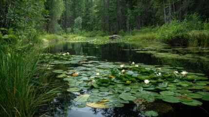 Calm pond with lily pads and dragonflies hovering above, surrounded by dense green vegetation 