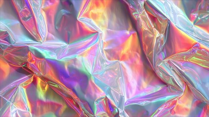Bright and colorful crumpled metallic texture displays an array of iridescent hues. The light reflects off the surface, creating a visually striking array of tones.