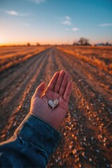 A hand holds a small heart-shaped object, sunset over a dirt road