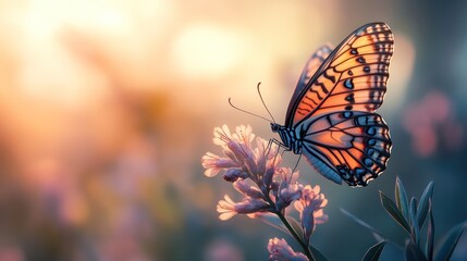 Butterfly on flower at sunset, nature scene, peaceful moment