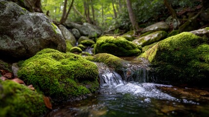 Close-up of clear water bubbling over moss-covered rocks in a serene forest setting 